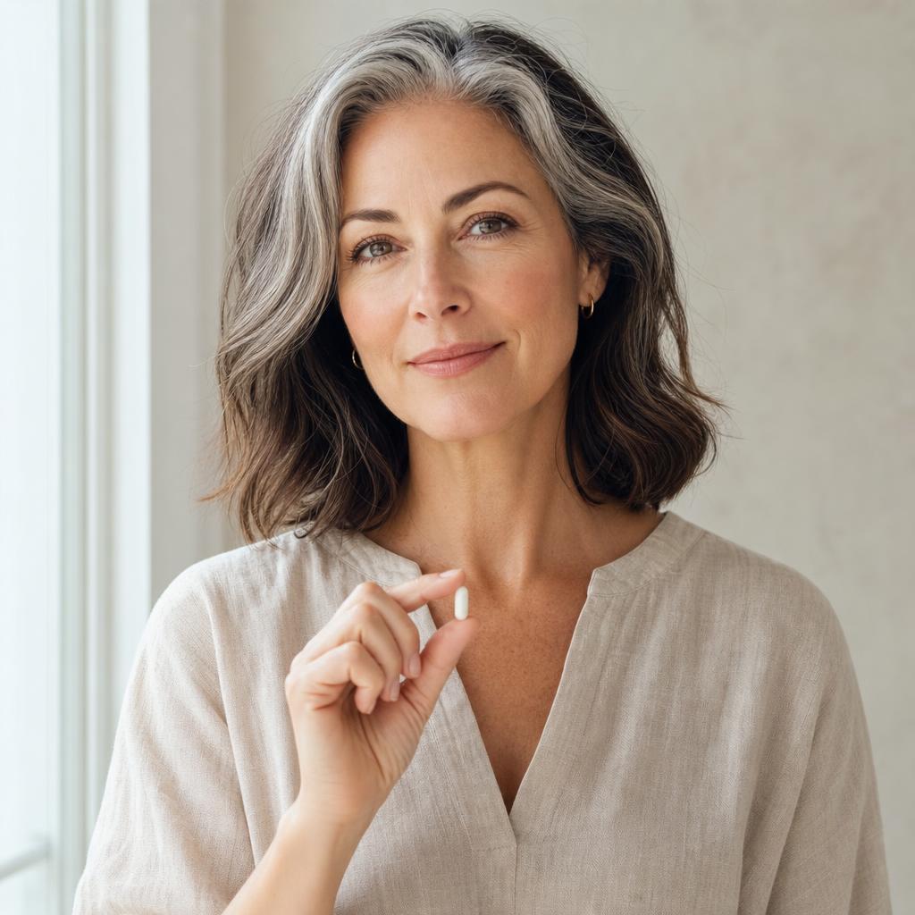 A calm, confident woman holding a single SageSleep supplement